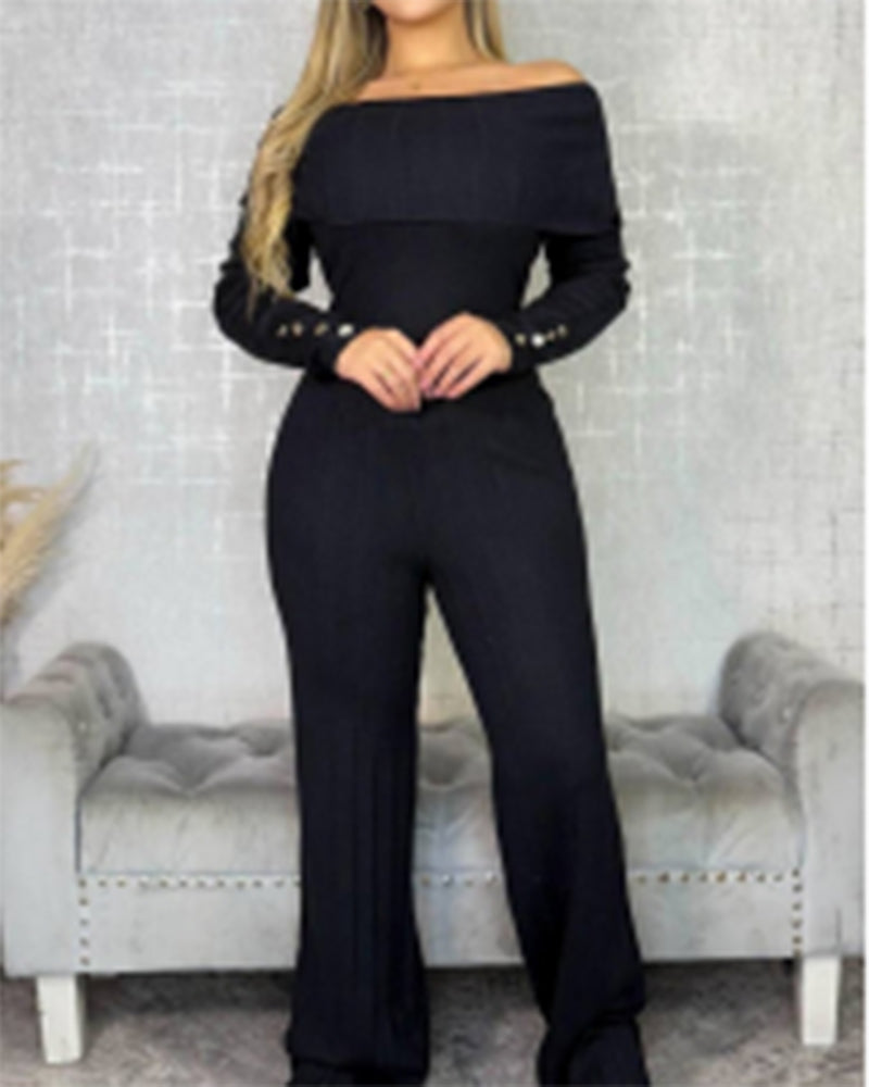 2 Pieces Outfit Button Decor Foldover Off Shoulder Slim Fit Top and Elastic Waist Wide Leg Pants Set Casual Ribbed Set - Image 7