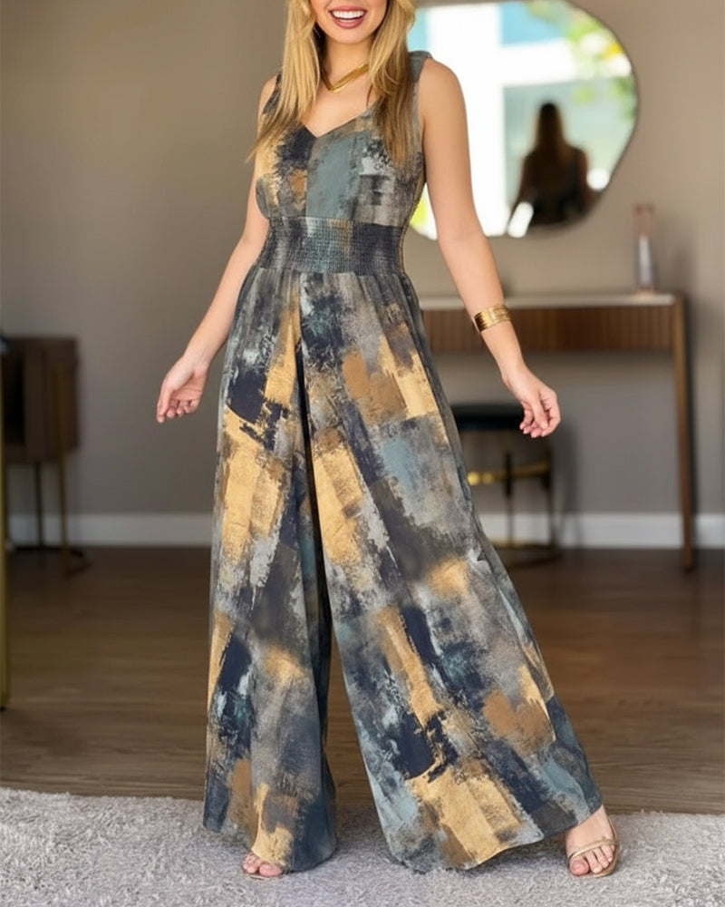 Abstract Oil Painting Print V-Neck Stretchy Thick Straps High Waist Backless Overalls Casual Shirred Waist Cinched Waist Wide Leg Jumpsuit - Image 6