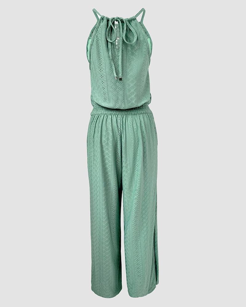 2 Pieces Outfit Halter Tie Guipure Lace Spliced Front Hollow-out Back Top and Elastic Back Waist Wrapped Slit Pants Set Casual Jacquard Textured Vacation Set - Image 5