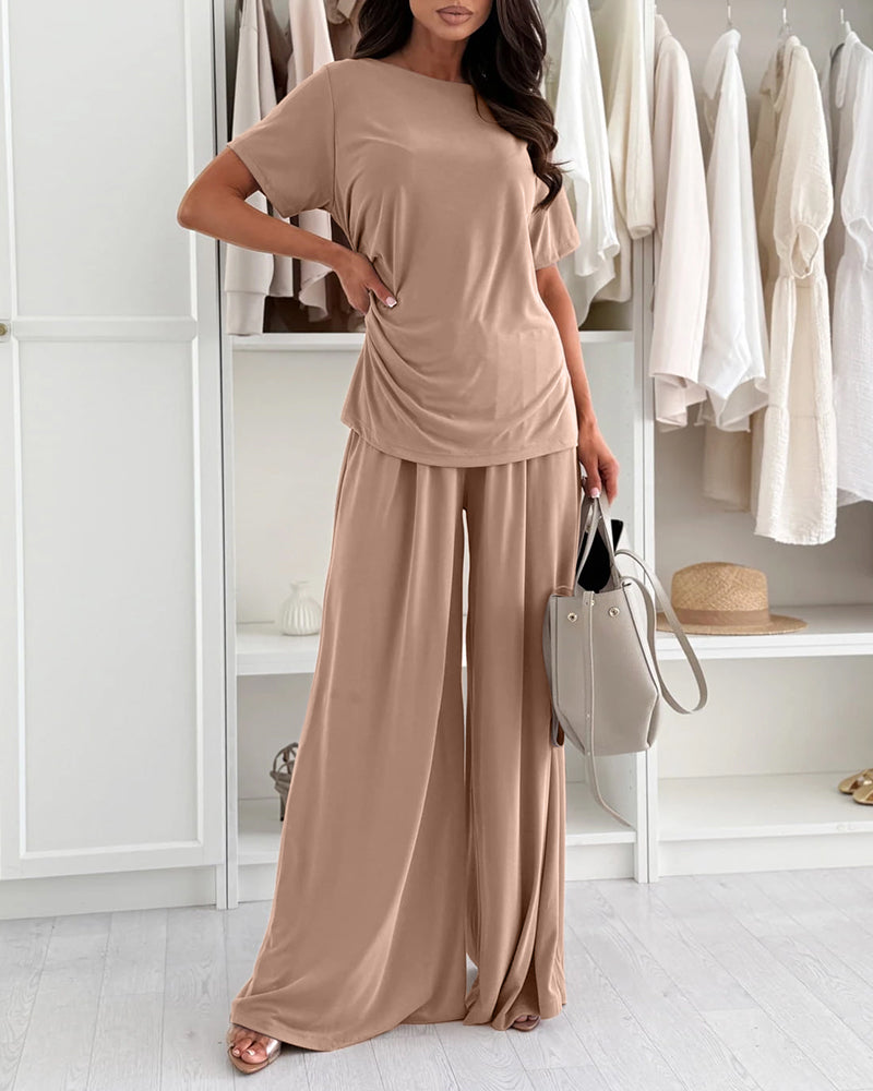 Women's 2 Piece Outfit Boat Neck Ruched Side Top and Wide Leg Pants Set Casual Draped Lounge Set - Image 4