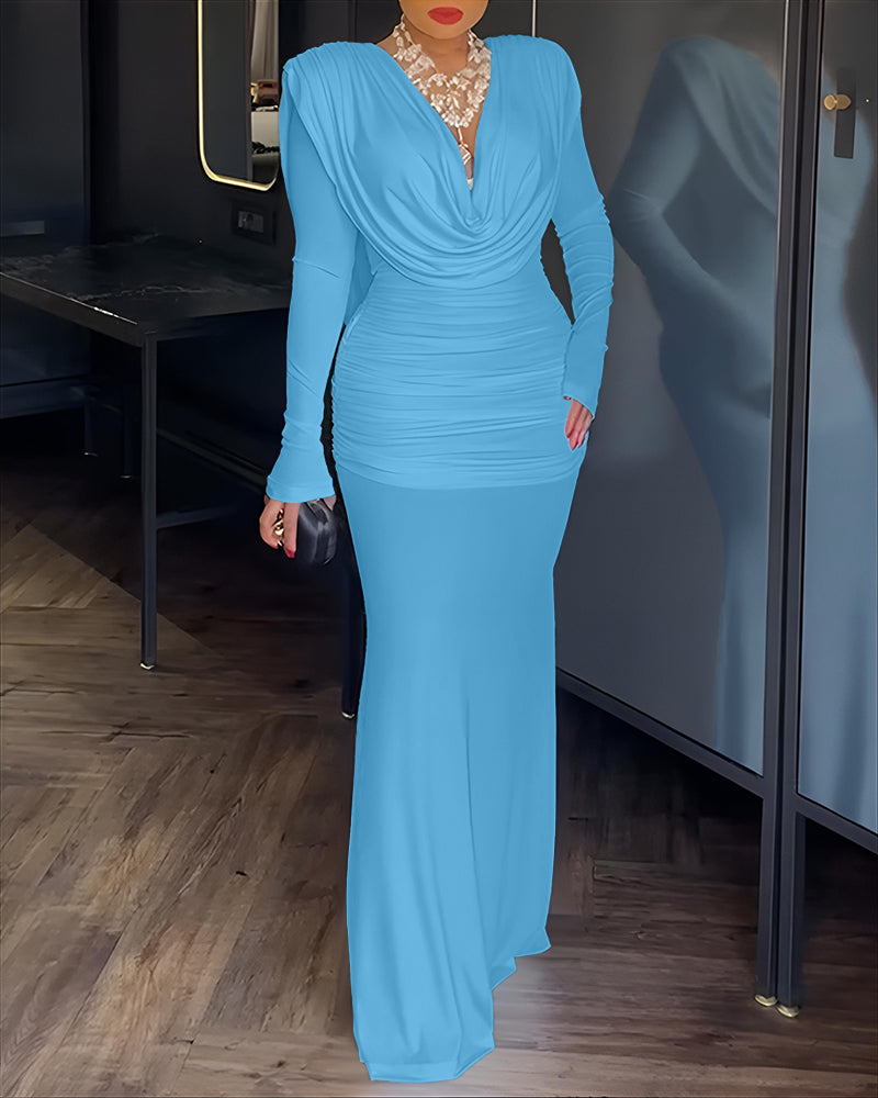 Cowl Neck Ruched Zipper Back Slim Fit Maxi Dress Casual Padded Shoulders Backless Evening Dress - Image 23