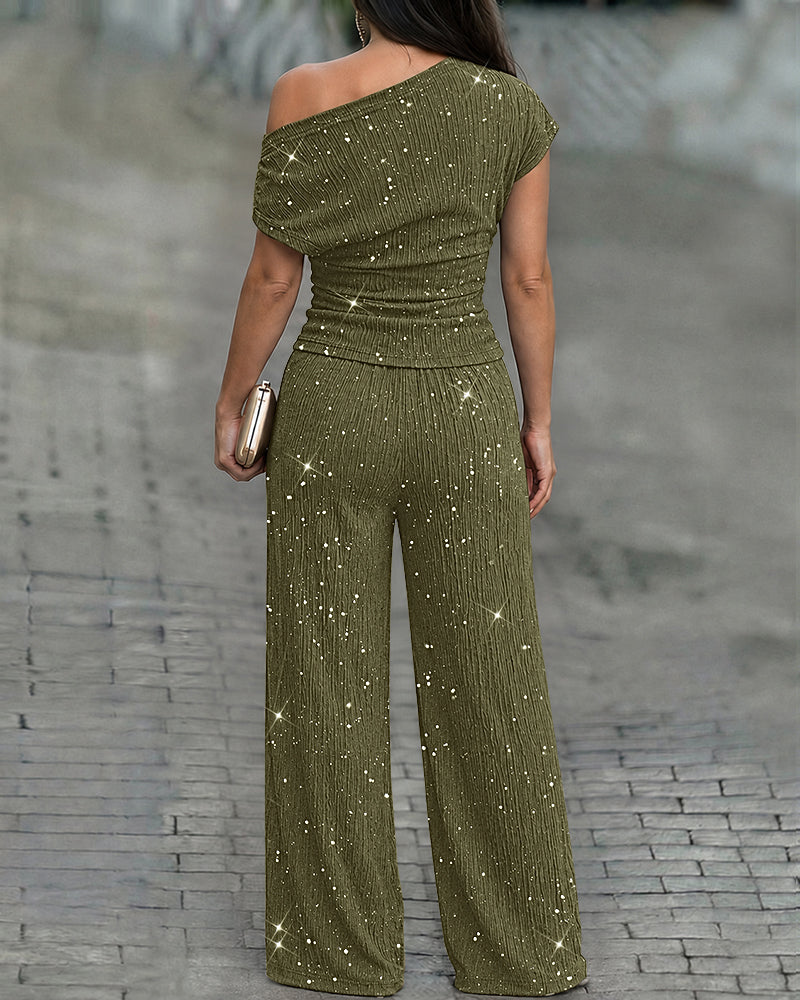 Women's Glitter Textured Two Piece Outfits Plisse Skew Neck Ruched Top and High Waisted Straight Leg Pants Set - Image 7