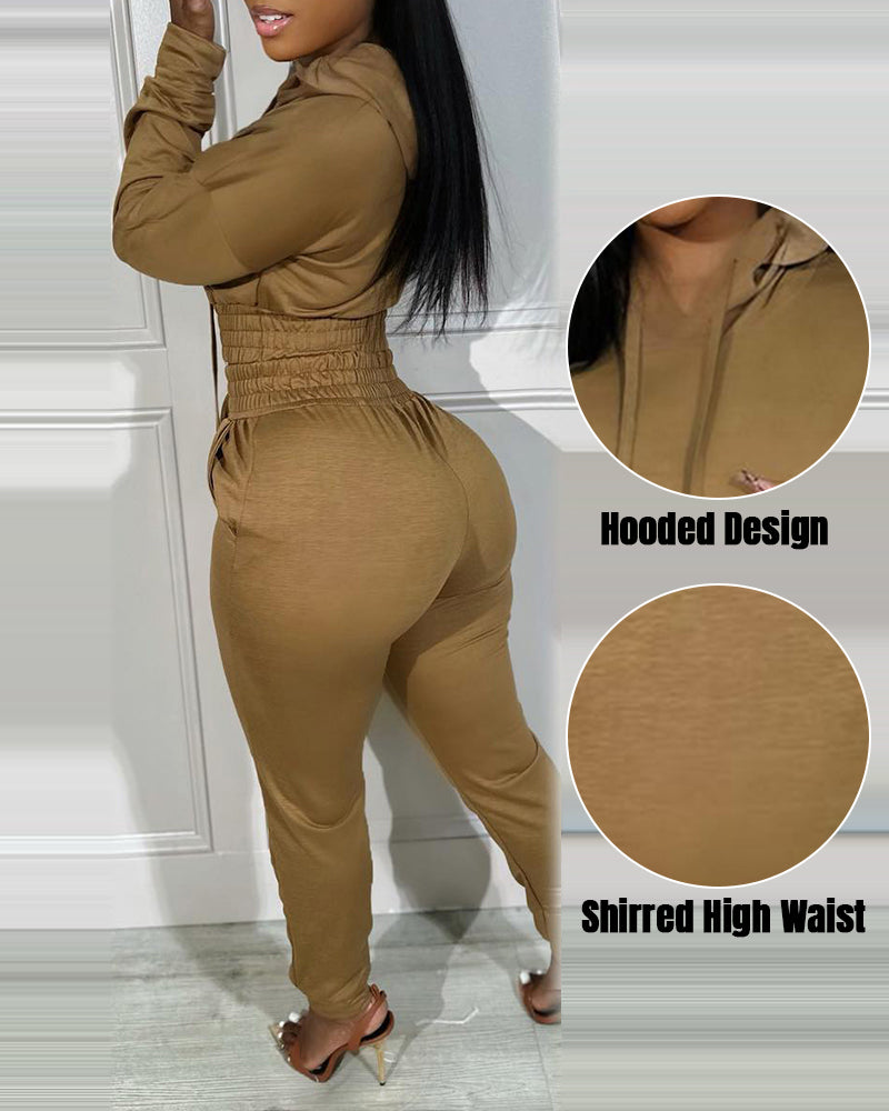2 Pieces Outfit Drop Shoulder Kangaroo Pocket Stretchy Hem Crop Drawstring Hoodie Sweatshirt And Drawstring Elastic Waist Jogger Sweatpants Casual Tracksuit - Image 4