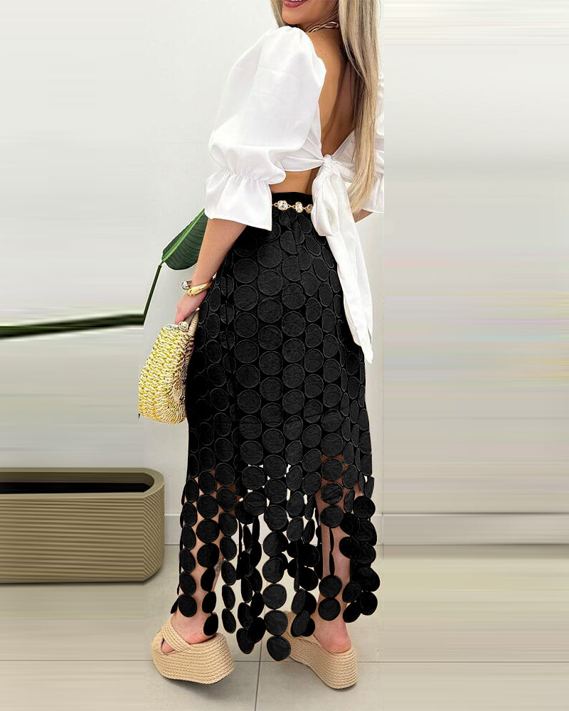 Women's Lace Tassel Trim Bodycon Skirt Hollow-Out Detail High Waist Pencil Skirt with Side Zipper - Image 8