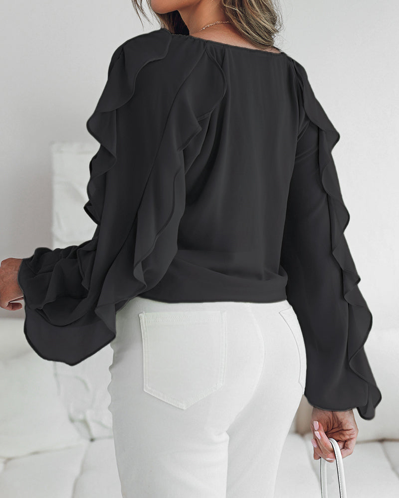 V Neck Shoulder Ruffles Design Blouse Casual Button Front Long Sleeve Top - Image 22
