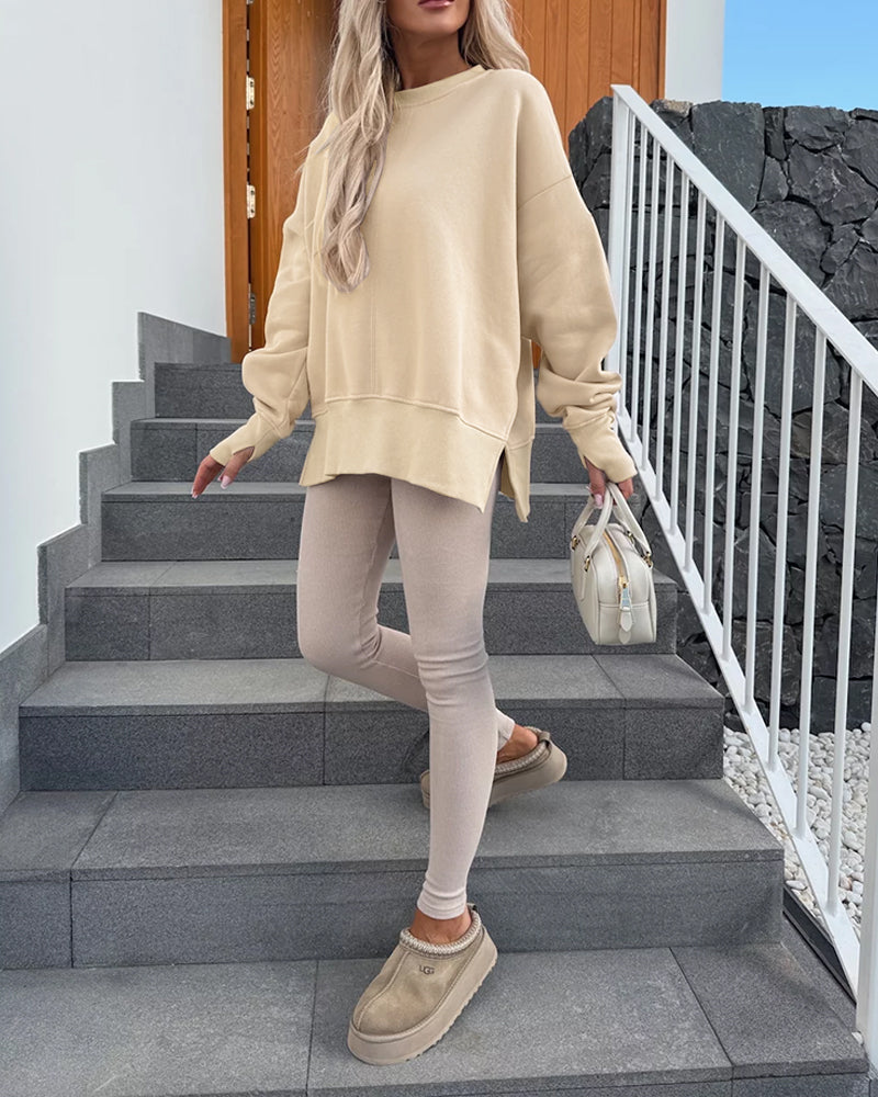 Women's Casual Crewneck Sweatshirt Loose Long Sleeve Side Slit Pullover Top with Thumb Holes - Image 5