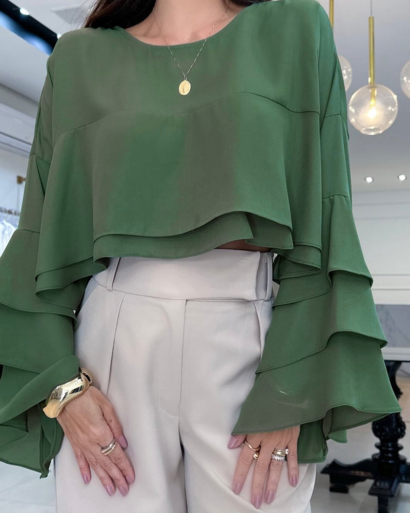 Round Neck Bell Sleeve Crop Top Casual Loose Fit Layered Blouse - Image 14