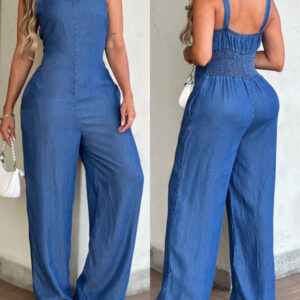 V-Neck Adjustable Thick Straps Denim Overalls Casual Shirred Back Wide Leg Suspender Jumpsuit