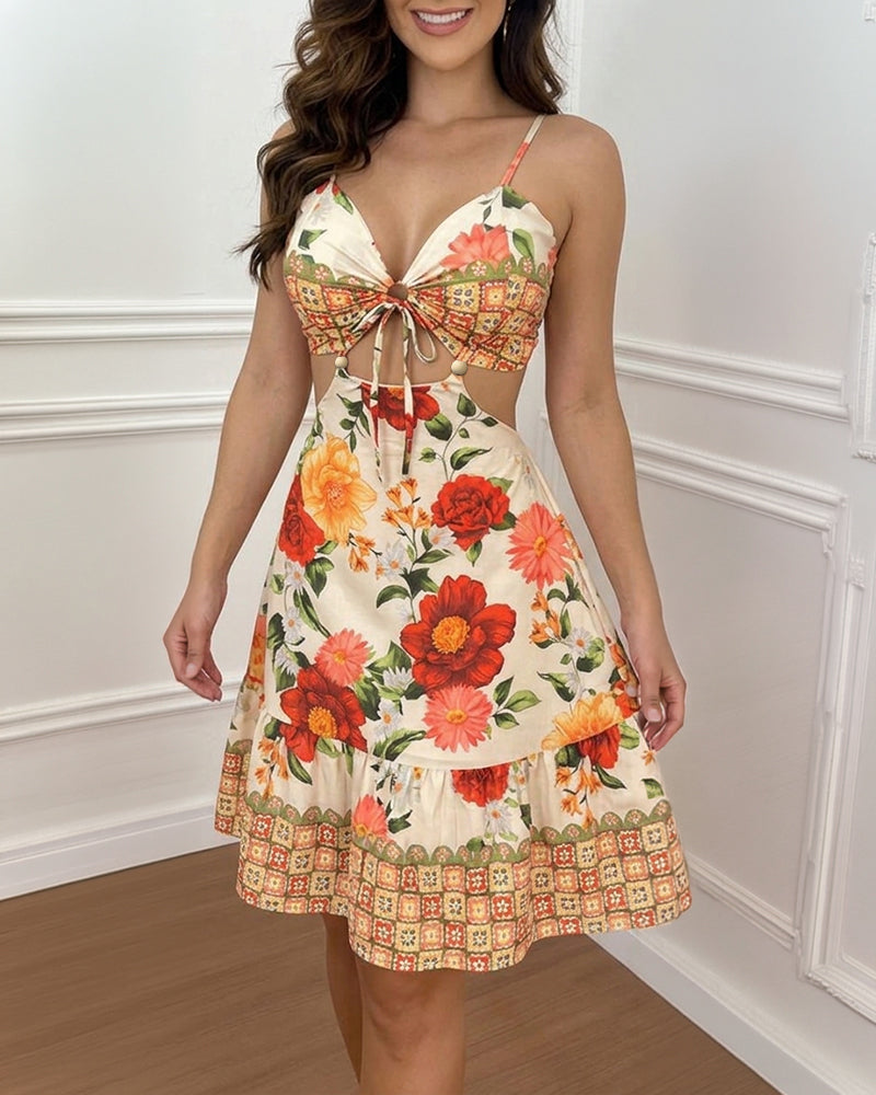 Women's Floral Print Boho Dress Sweetheart Neck Cut Out Tied Detail Summer Dress Ruffle Hem Ruched Vacation Dress - Image 6