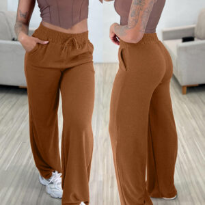 High Waist Drawstring Elastic Waist Wide Leg Casual Pants