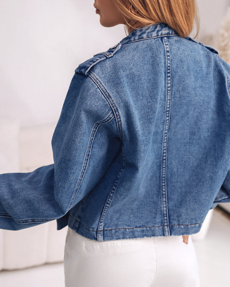 Women's Vintage Denim Jacket Stand Collar Button Decor Crop Jean Coat Washed Outwear with Pockets - Image 2