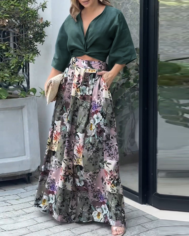 Twisted Crop Top & Floral Print Wide Leg Pants Set - Image 4