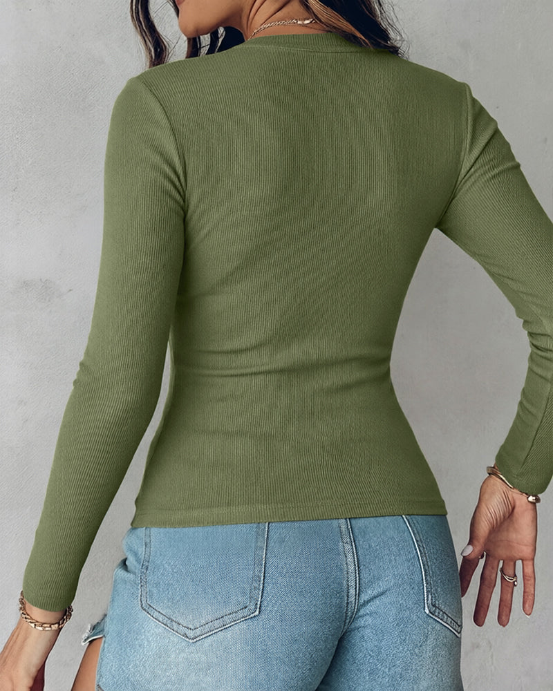 Women's V Neck Long Sleeve Ribbed Knit Top Slim Fit Base Layer Shirt Soft Stretchy Casual Tee with Built-in Bra - Image 9