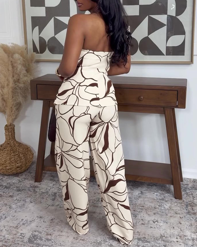 Women's Abstract Print Two Piece Outfits Tube Top and High Waist Wide Leg Pants Set with Detachable Clear Straps - Image 2