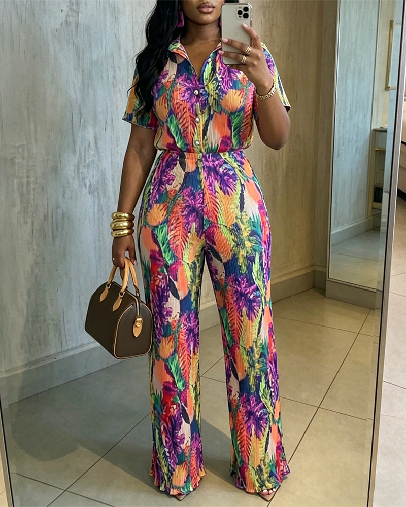 Women's Tropical Print Pleated Two-Piece Set Short Sleeve Button-Down Shirt and High-Waist Wide-Leg Pants Casual Vacation Outfit - Image 3