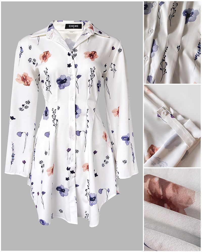 Watercolor Floral Print Turn-down Collar Turn-Up Sleeves Shirred Back Shirt Dress Casual Button Down Cinched Waist Asymmetrical Hem Vacation Dress - Image 5