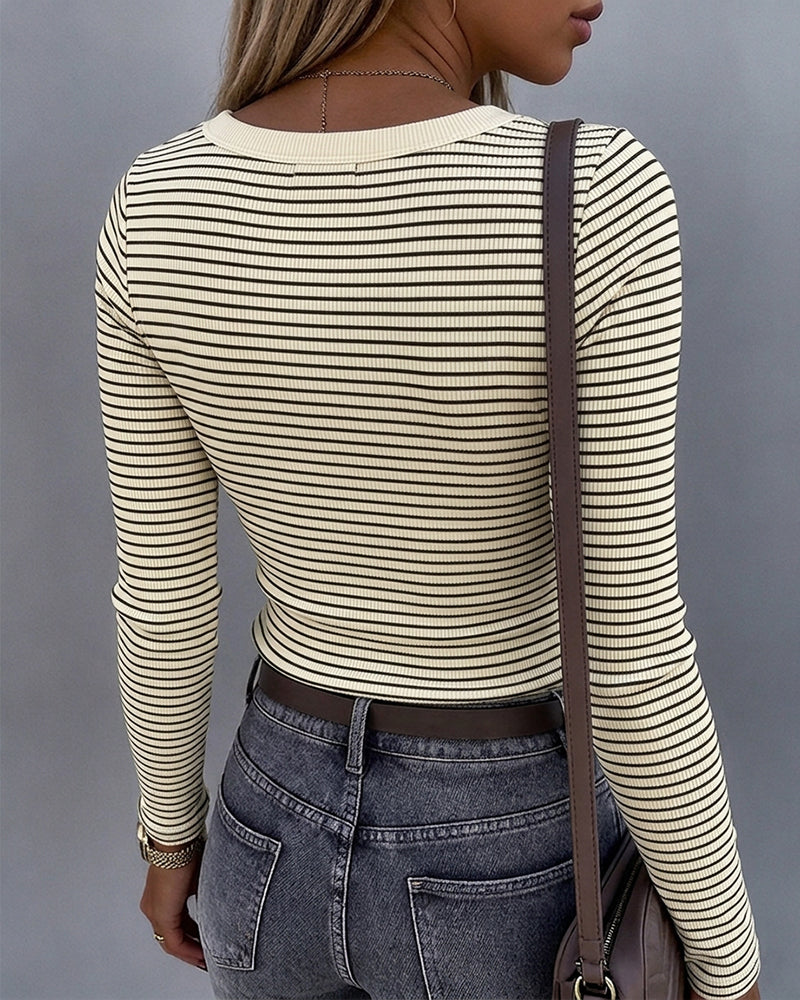 Women's Striped U-Neck Long Sleeve Slim Fit Ribbed Knit Top Casual Layering Top - Image 2