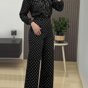 2 Pieces Outfit Stand Collar Button Front Ruffles Spliced Top and High Waist Straight Leg Pants Set Casual Polka Dot Print Commuting Set