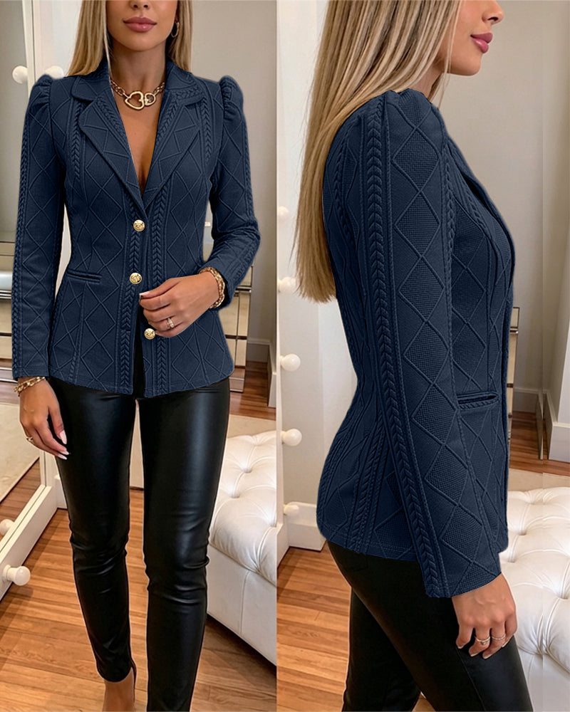 Women's Elegant Argyle Textured Blazer Slim Fit Puff Sleeve Suit Jacket Gold Button Work Office Commuter Blazer with Pockets - Image 10