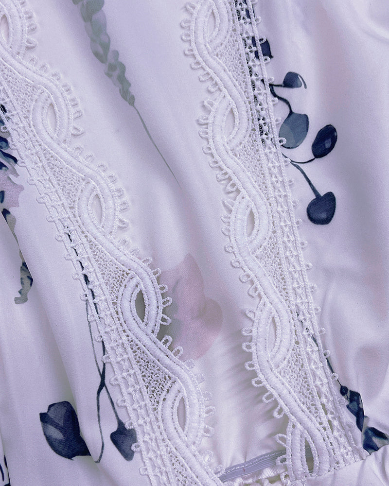 Floral Print Deep V-Neck Lantern Sleeve Casual Contrast Lace Tied Detail Blouse - Image 7