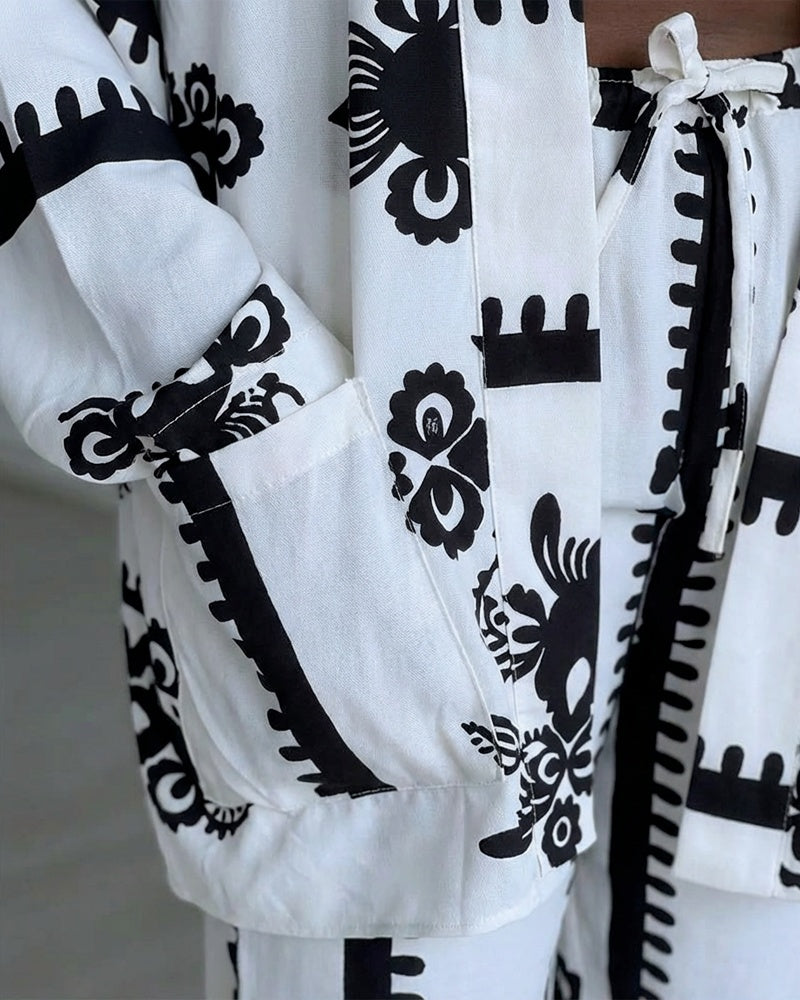 2 Pieces Outfit Open Front Long Sleeve Coat and Drawstring Elastic Waist Wide Leg Pants Set Casual Vintage Baroque Print Loose Fit Set without Tank Top - Image 7