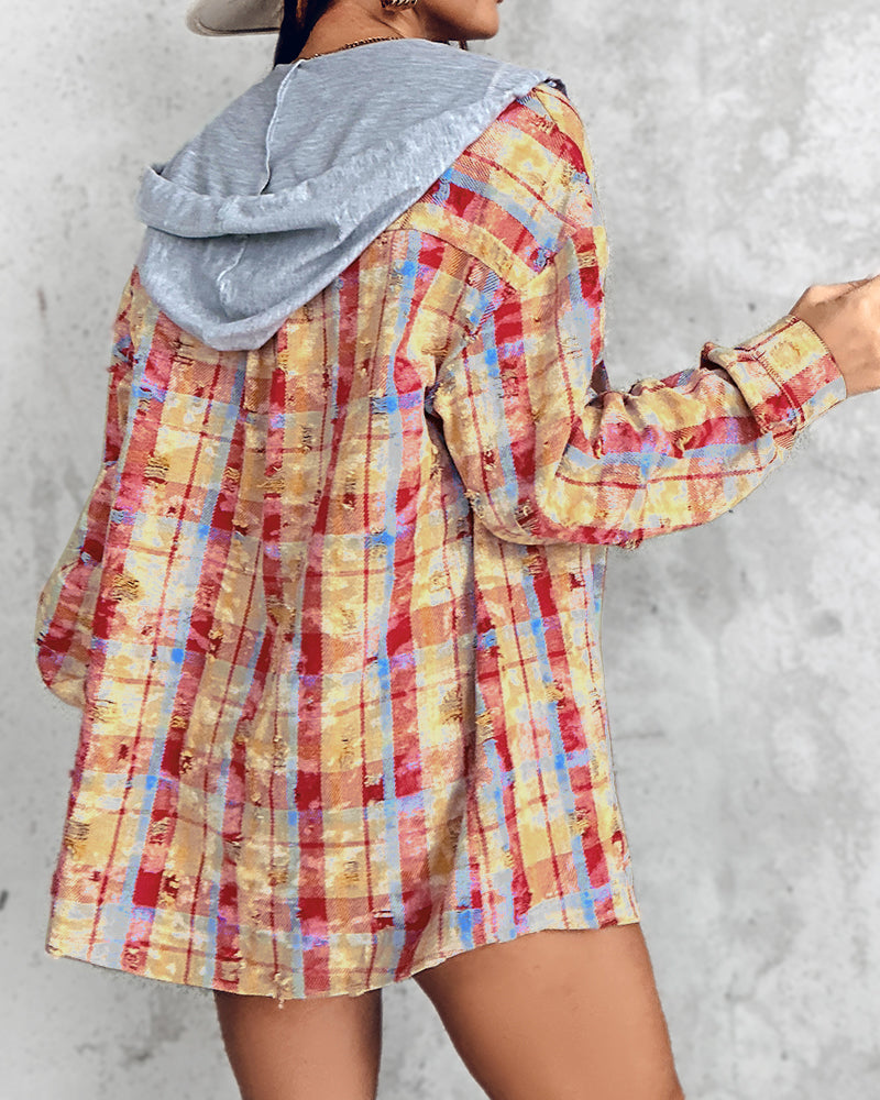 Colorblock Plaid Print Hooded Distressed Button Front Coat Shacket - Image 2