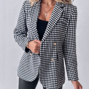 Houndstooth Pattern Double Breasted Blazer With Belt