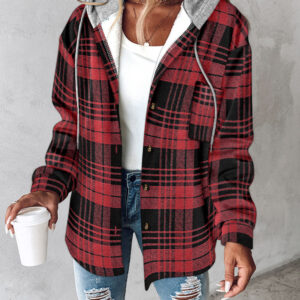 Plaid Print Button Front Pocket Design Drawstring Hoodie Jacket Casual Asymmetrical Hem Thermal Lined Warm Coat
