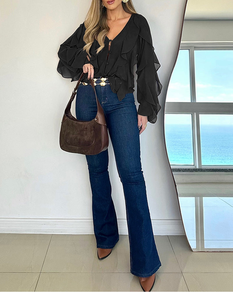 V Neck Shoulder Ruffles Design Blouse Casual Button Front Long Sleeve Top - Image 24