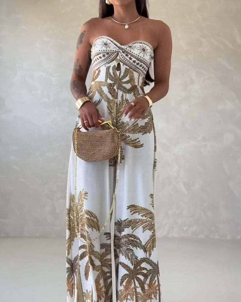 Palm Tree Print Bandeau Twist Front Backless Tie Back Overalls Casual Hollow-out Front Wide Leg Jumpsuit - Image 6