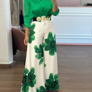 2 Pieces Outfit Long Sleeve Satin Blouse and Casual Floral Print High Waist Wide Leg Pants Set