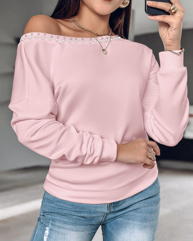 Pearls Decor Sheer Heart Pattern Mesh Spliced Tee Casual Drop Shoulder Long Sleeve Top - Image 10