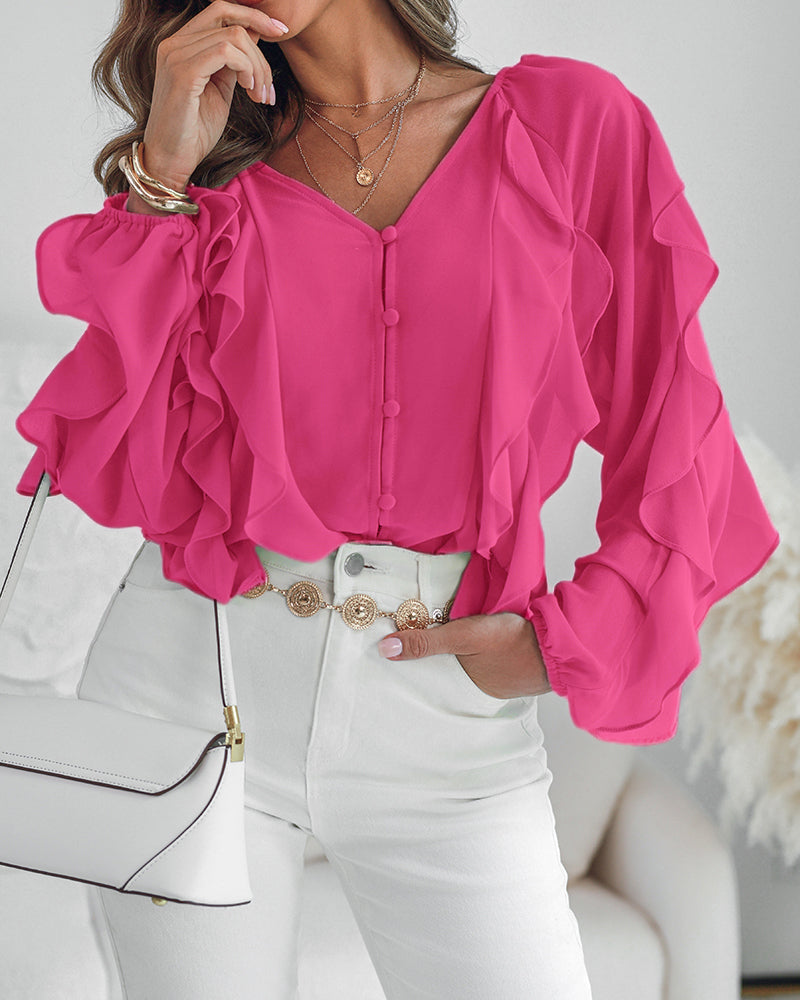 V Neck Shoulder Ruffles Design Blouse Casual Button Front Long Sleeve Top - Image 16