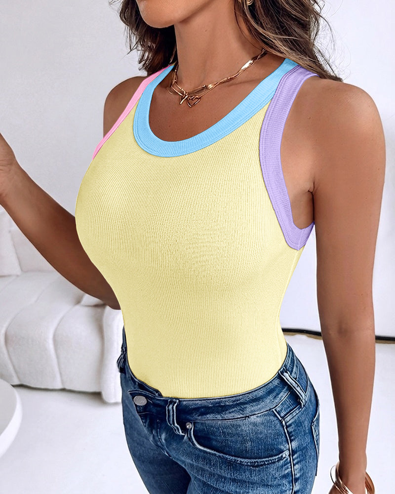 Women's Contrast Trim Ribbed Tank Top Slim Fit Sleeveless Round Neck Basic Camisole for Streetwear & Layering - Image 26
