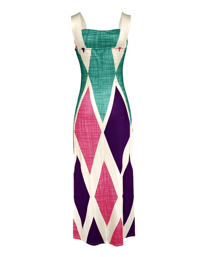 Geometric Print Square Neck Thick Strap Vacation Dress Casual Slim Fit Slit Maxi Dress - Image 20