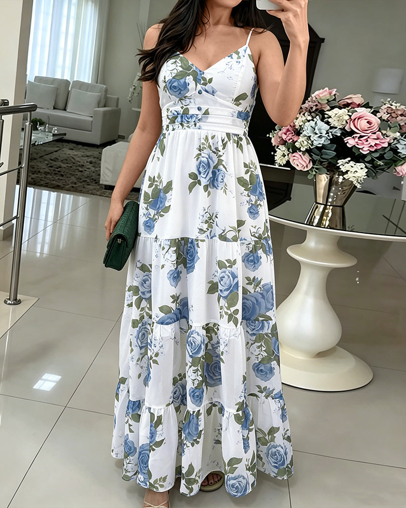 Women's Floral Print Maxi Dress Ruffle Hem Cami Dress V Neck Shirred Summer Vacation Boho Long Dress with Built-In Bra - Image 4