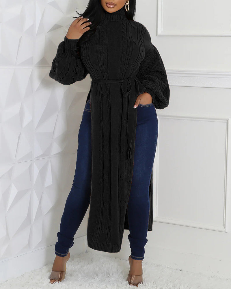Cable Textured High Neck Lantern Sleeve Bow Tie Waist Sweater Casual High Slit Knit Longline Top - Image 11