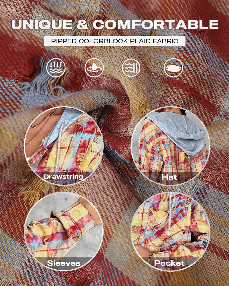 Colorblock Plaid Print Hooded Distressed Button Front Coat Shacket - Image 7