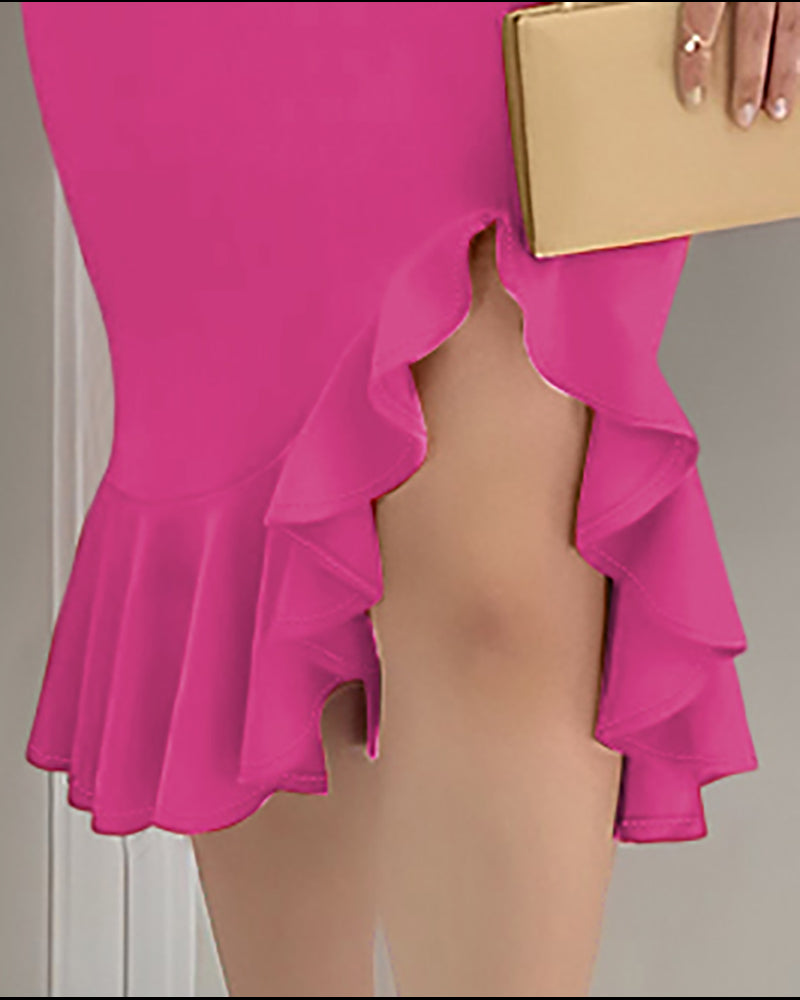 Cold Shoulder Beaded Slit Bodycon Dress Ruffle Hem Zipper Back Party Dress - Image 22