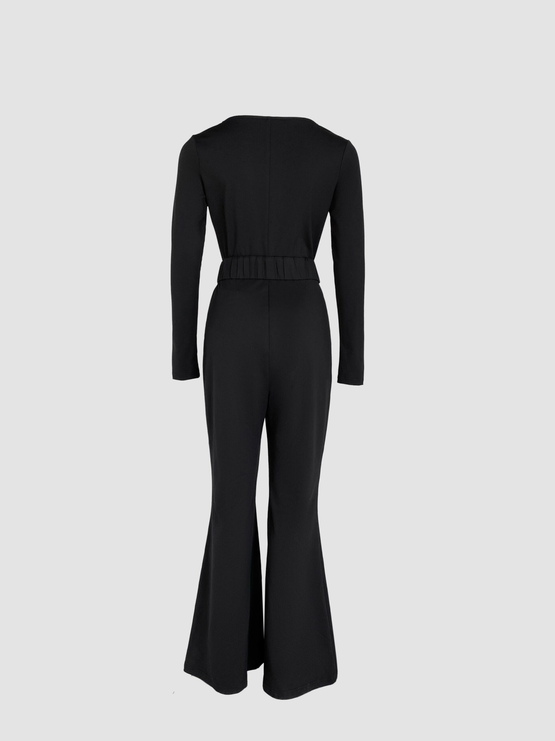 U-Neck Zipper Front Long Sleeve Slim Fit Flared Jumpsuit with Belt - Image 5