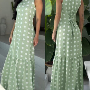 Women's Polka Dot Maxi Dress Casual Sleeveless Lace up Back Vacation Dress Elegant Ruffle Hem Loose A Line Long Sundress