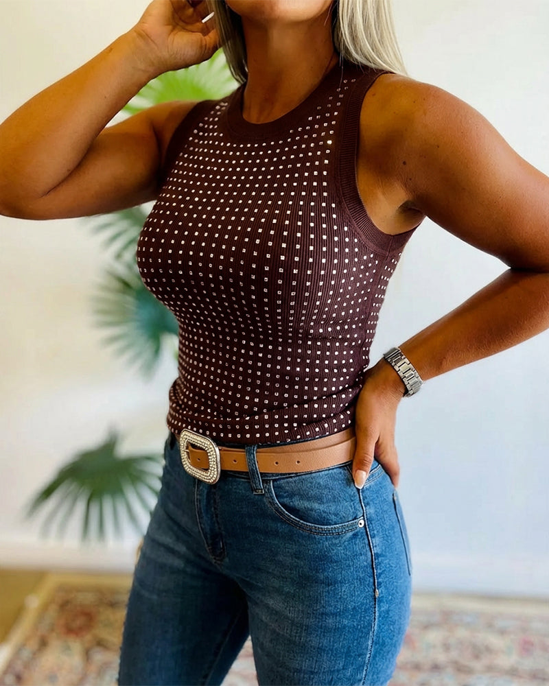 Rhinestone Decor O-neck Sleeveless Tee Slim Fit Ribbed Tank Top - Image 3