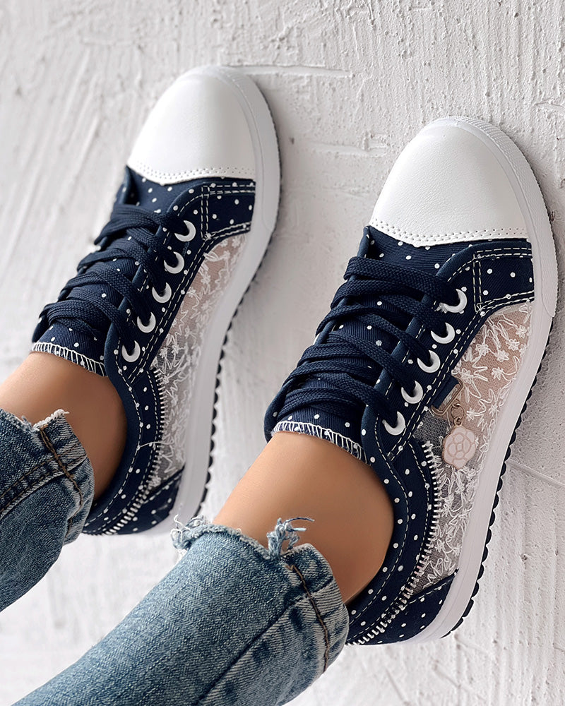Floral Pattern Embroidery Dot Print Sneakers - Image 6