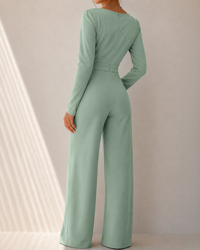 Women's Wrap Deep V Neck Long Sleeve High Waisted Wide Leg Jumpsuit Casual Ruched Overalls - Image 2