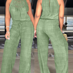 Women's Halter Jumpsuit Lace Trim Backless Overalls Tied Detail Wide Leg Jumpsuit with Pockets