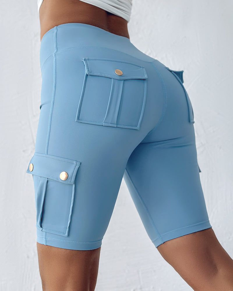 Tummy Control Butt Lifting Active Shorts High Waist Flap Pocket Workout Bermuda Cargo Running Shorts - Image 20
