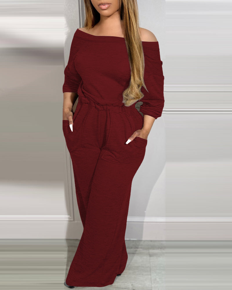 Off Shoulder V Back Elastic Waist Pockets Design Jumpsuit Casual Drop Shoulder Cinched Waist Wide Leg Jumpsuit - Image 17