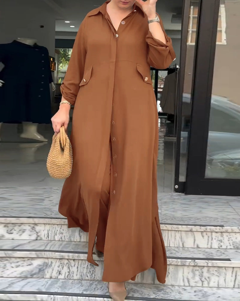 2 Pieces Outfit Turn-down Collar Turn-Up Sleeves Button Front Asymmetrical Hem Longline Blouse and Casual Elastic Waist Wide Leg Pants Set - Image 4