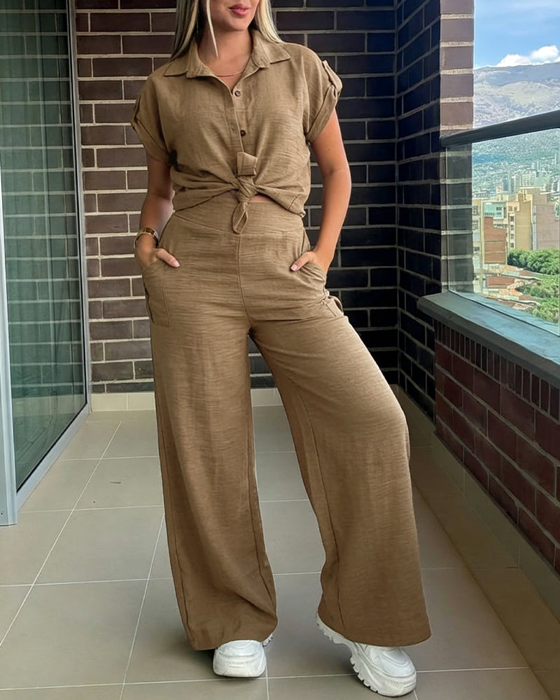 Women's 2 Piece Set Roll Up Sleeve Button Down Shirt and High Waist Wide Leg Pants - Image 4