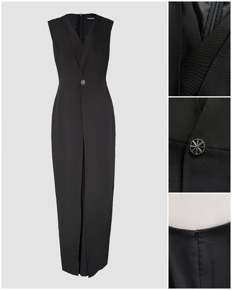 Plunge Sleeveless Button False Two Pieces Wide Leg Jumpsuit - Image 6